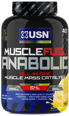 USN Muscle Fuel Anabolic Banana 2KG, Workout Boosting All in One Muscle Gain Protein Shake Powder