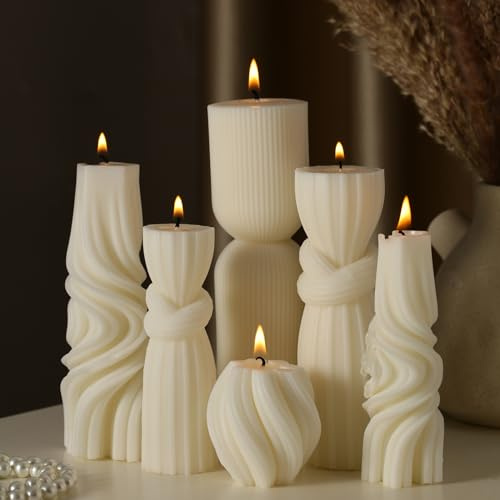 Threlaco 6 Pcs Pillar Candles Decorative Modern Aesthetic Ribbed Candle Set Cute Soy Wax Scented Ribbed Decor Commemorative Gift for Home Decoration(White, 2.36-6.89 Inch)