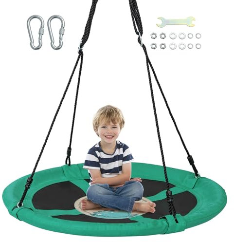 GOPLUS Nestschaukel, Ø100cm Kinderschaukel höhenverstellbar bis 100kg, Hängeschaukel mit Löwe/Dinosaurier/Einhorn-Motiven, Baumschaukel Rundschaukel für Kinder ab 3, Indoor & Outdoor (Grün)