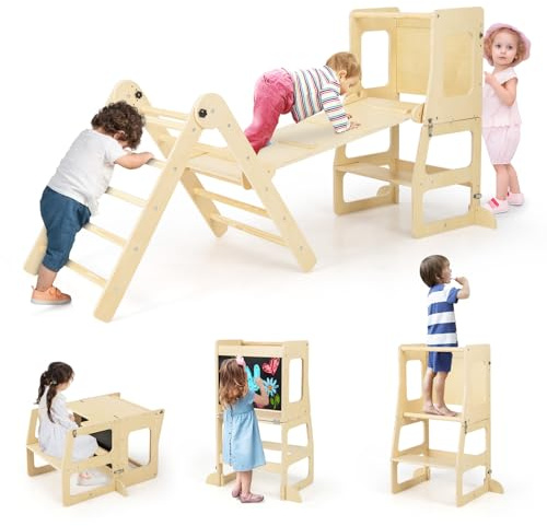 COSTWAY 7 en 1 Triángulo de Escalada de Madera para Niños con Rampa Reversible, Torre de Aprendizaje Plegable Montessori, Mesa y Silla Infantil, Pizarra Divertida, para Niños de 3-14 Años (Natural)