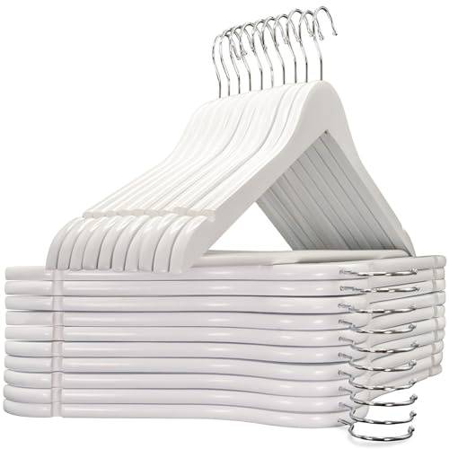 edihome, Perchas Madera, Pack de 20, Acabado Liso y Barnizado, para Organizar Ropa, Gancho Giratorio 360, Ranuras para Hombros, de Madera Maciza (Blanco, 20 Unidades)