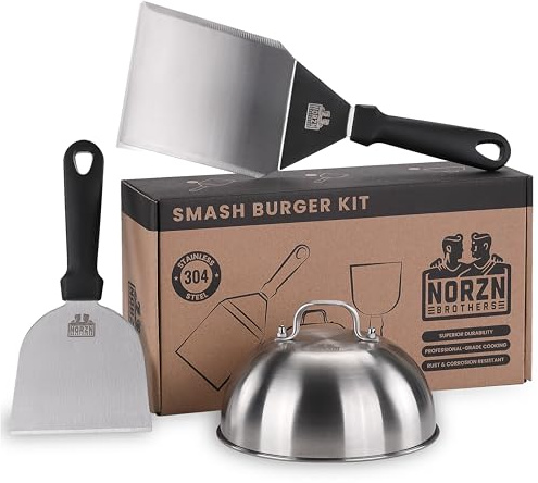 Norzn Brothers® BBQ Spatelsats & Burgerkupol – Grillspade, Ostkupol, Stekbordsskrapa, Smashburger Spatel, Rostfritt Stål 304, Godkänd för livsmedelskontakt, 10 Års Garanti
