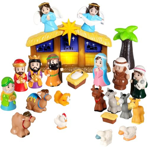 25 Pc Nativity Set for Kids with Lights - Christmas Story Figures, Includes Baby Jesus, Mary, Joseph & Manger