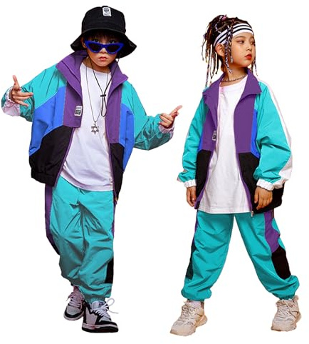 LOLANTA 80s 90s Outfits Girls Unisex Kids' Colorblock Tracksuit Teens Fall Clothes Boys Hip-Hop Dance (PineGreen, 5-6)
