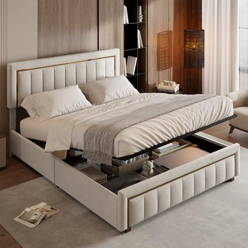 BPKADHY Cama tapizada doble de 160 x 200 cm, cama con canapé abatible hidráulico, estructura con cabecero y somier de láminas de madera, cama funcional juvenil con respaldo, terciopelo, blanco arroz