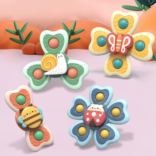 AIUNBEST Saugnapf Spielzeug Baby, 4 Stück BPA-frei Fidget Spinner Baby Spielzeug ab 3 Monate Baby Spinner mit Saugnapf, Tischspielzeug Badewannenspielzeug zum Reisen Baden und Füttern