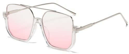 Long Keeper Gafas de Sol Piloto Moda para Mujer Hombre Gafas de Sol Cuadradas Grandes Retro Gafas de Piloto Metal Clasicas Protección UV400, 60MM (Montura Plata Transparente - Lente Rosa Degradado)