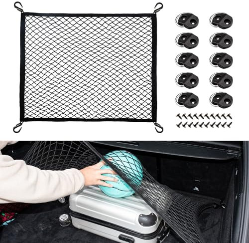 VEHIRIE Gepäcknetz Auto Kofferraumnetz, 80 x 60 cm Universal Auto Netz, Super Elastisch Kofferraum Netz Organizer, Gepäckschutznetz mit 4 massiven Haken und 10 Stück D Aufbauring Zurröse