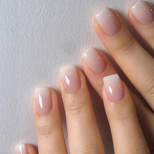 KQueenest Press on Nails Kurz – Ombré Rosa French Nägel zum Aufkleben Kurz Eckig, Gradient Rosa Weiß Fake Nails Short, Quadratische Künstliche Nägel Set für Frauen, 24 Stück