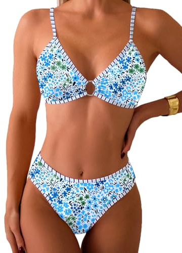 Fanuerg Triangel-Bikini-Set für Damen, O-Ring, Zweiteiliger Badeanzug, Blumendruck, frecher Badeanzug, Blaues Blumenmuster 2, Medium