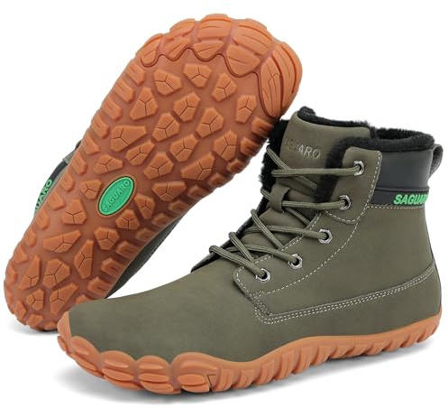 SAGUARO Scarpe Barefoot Uomo Stivaletti Invernali con Pelo Caldo Stivali da Neve Impermeabili Antiscivolo Scarponcini Leggere Minimaliste, Verde Salvia, 47 EU