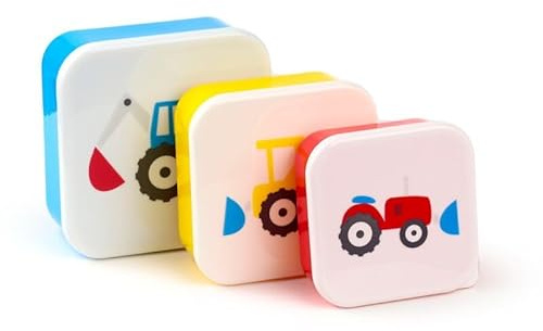 eMKay® Little Tractors Lunch Box Set of 3 – Stackable Food Storage Containers (350 ml/550 ml/800 ml) | BPA‑Free Polypropylene Snack Pots – Nesting Lunchboxes for Kids & Adults
