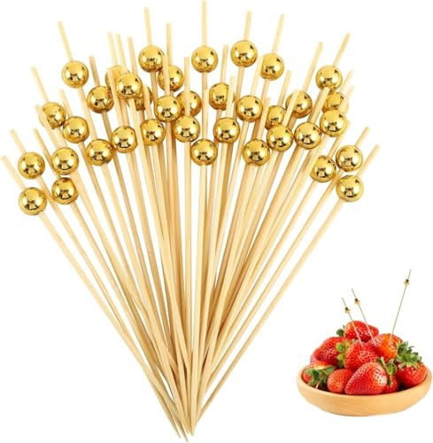 100 Stück Cocktailspieße mit Gold Perle,12cm Fingerfood Spieße, Partyspieße Mit Goldene Perlen, Holz Käsespieße, Spiesse Für Snacks Fingerfoods, für Snacks Fruchtzahnstocher Cocktail Deko