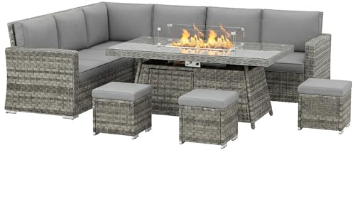 Outsunny 9 Seater Rattan Garden Furniture with Fire Pit Table Mixed Grey | 50000 BTU, Garden Corner Sofa Set, 3 Loveseats, 3 Footstools, 7 Piece Outdoor Furniture Conservatory Set, Cushions