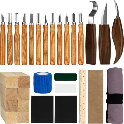 Kit Intaglio Legno 33 Pezzi,con blocchi di legno,coltelli e accessori pratici per intaglio sicuro e creativo;set di coltelli da intaglio,perfetto per principianti,hobbisti e come regalo creativo