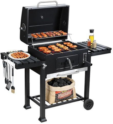 Peviasot Barbacoa de carbón XXL con tapa y termómetro, carro de barbacoa con 2 estantes plegables, bandeja de carbón ajustable en altura (5 niveles), rejilla de calentamiento y ruedas, barbacoa para