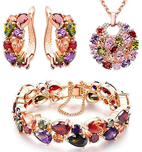 NEHZUS Mona Lisa Set di gioielli placcato oro rosa con zirconi multicolori braccialetto ciondolo collana orecchini