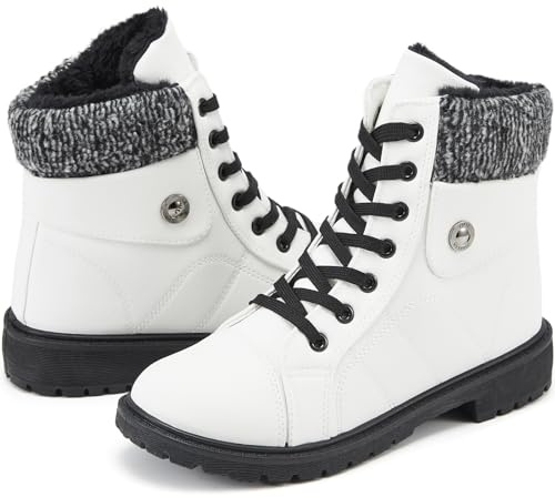 yageyan Womens Winter Snow Boots Warm Fur Lined Winter Water-resistan Ankle Booties Zipper Anti-Slip Combat Boots(White8)