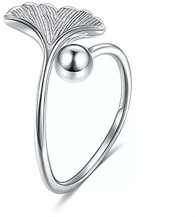 BAJIE Bague de Mariage en Argent Sterling 925 Bague pour Dames Minimaliste Feuille de Ginkgo et Perle Ronde Ope