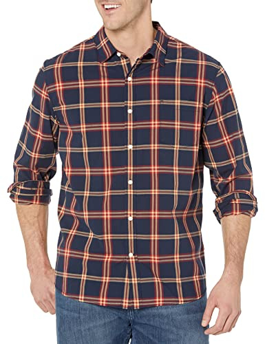 Amazon Essentials Camisa en Popelina Elástica de Manga Larga y Corte Regular Hombre, Azul Marino Rojo Cuadros Escoceses, XL