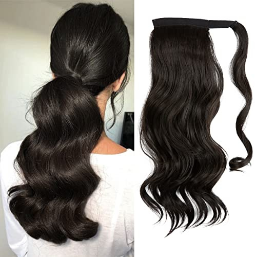 CJL HAIR 18 Long Ponytail Hair Extension Wrap Around Pony Tail Clip in Curly Wavy Synthetic Fake Hairpiece for Women Black Brown