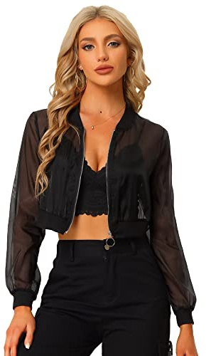 Allegra K Bomber Jacket for Women's Long Sleeve Crop Mesh Sheer Jackets