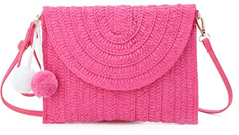 Syrads Bolso de mano de paja de noche para mujer Bolso de playa de verano Bolso de sobre tejido de paja,Rosa C