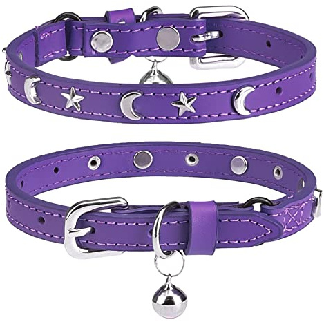 Leather Cat Collars for Boy Girl Cats with Bell and Safety Elastic Belt, Personalized Star and Moon Stud Adjustable Safe Buckle Collar for Kitty Small Big Cats Size 7-9 Inch, Rose