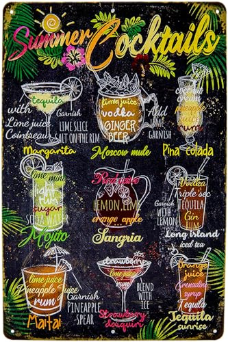 LUCKYLINDE Plaque décorative en étain 30 x 20 cm – Bar restaurant, pub, serveur de fête, tableau d'aperçu des cocktails – Cocktail d'été (noir)