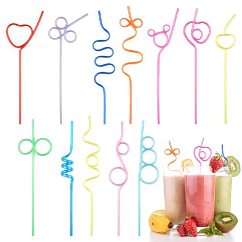 Bunte Strohhalme Plastik, 12 Stück Gelockt Formen Strohhalm, Lange Strohhalme Kinder Wiederverwendbar für Kaltes Getränk, Cocktail Strohhalme, Party Trinkhalme für Geburtstagsfeier, Hochzeiten