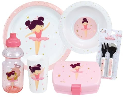 Dansboll för barn med glas 220 ml, ihålig sits Ø 16 cm, platt sits Ø 22 cm, bestick H 13,5 cm, vattenflaska 350 ml och gouter-låda - återanvändbar behållare