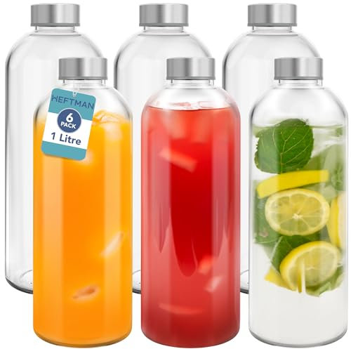 HEFTMAN Botellas de vidrio con tapas, paquete de 6 botellas de agua vacías de vidrio de 1 litro, tapas de acero inoxidable