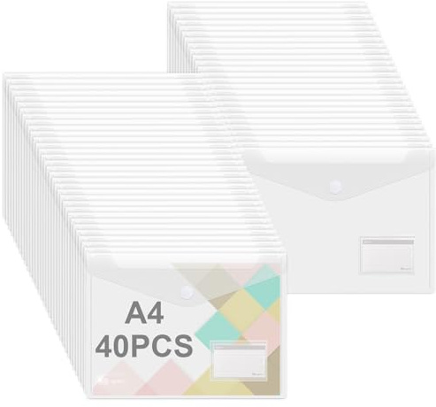 Agoer Cierre Autoadherente para documentos A4, 40 unidades, carpeta A4, transparente, DIN A4, con papel de etiquetas para organizar documentos, documentos A4, para escuela, hogar, oficina