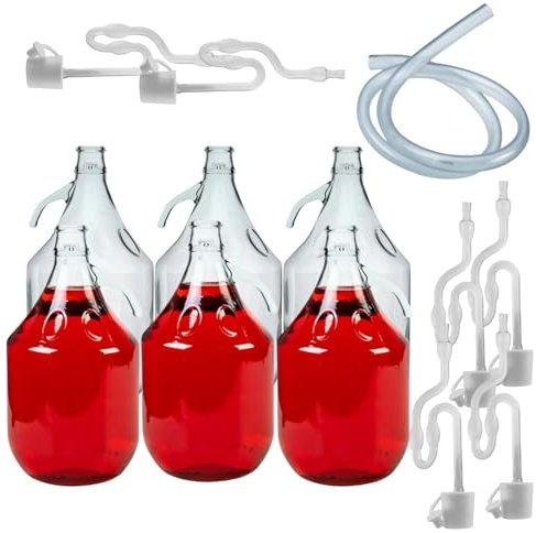 Set of 6 Clear 5L Thick Glass Carboy Demijohns Home Brewing Kit for Wine, Beer, Cider, Spirits, and Alcohol Fermentation Includes Caps and Airlocks 30L