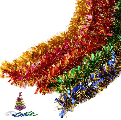 LHLZNB 7Pcs 14M Luxurious Gold Tinsel & Christmas Tinsel Garland - Thick Red & Gold Tinsel for Christmas Tree Decorations - Multi-Colored Rainbow Tinsel for Festive Holiday Cheer (4 colors 8M)