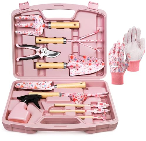 Grenebo 12-teiliges Gartenwerkzeug Set für Frauen, rostfreie & strapazierfähige Gartengeräte mit robustem Transportbehälter, modische & durchdachte Garten Geschenke für Frauen (Rosa)