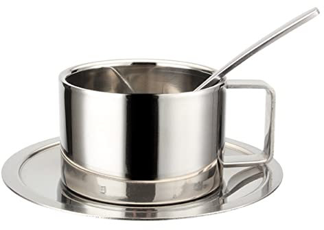 GAOFESA Juego de tazas de café de acero inoxidable de doble pared con platillo y cuchara, capuchino, café, latte, té, espresso
