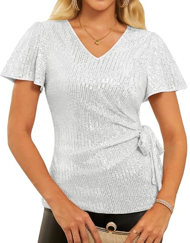GRACE KARIN Femme Haut Chic À Sequins Blouse Soirée Élégante À Paillettes Top De Fête Col en V Manches À Volants Courtes Argenté M