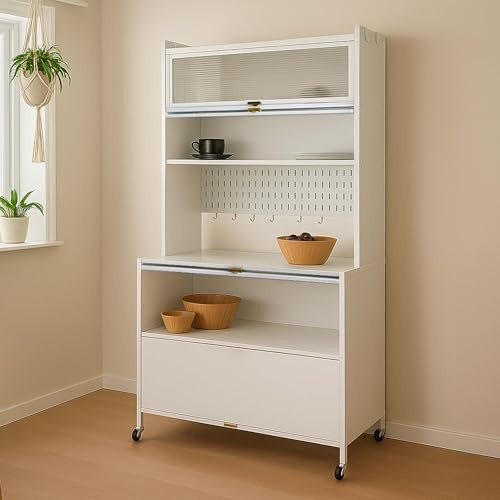 Mendler Küchenschrank HWC-O53, Küchenregal Schrank Arbeitsplatte Schrankfächer rollbar Metall 175x80x42cm - weiß