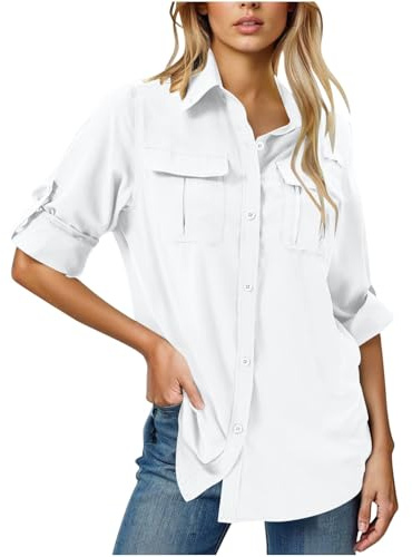 PODOLIXIA Blusa-camisa de mujer de manga larga, ropa de safari para mujer, camisa casual de secado rápido UPF50+ protección UV, camisa funcional para exteriores, camisa de senderismo para pesca safari