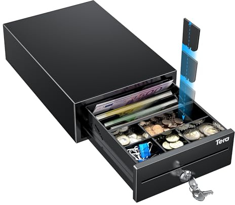 Tera Tiroir Caisse Métallique Réglable : 20,8 × 30 × 9,8 cm avec 4 Compartiments Billets 6–8 Compartiments Monnaie Fente de Dépôt 2 Clés Connexion RJ12 pour Système POS Magasin Supermarché 208