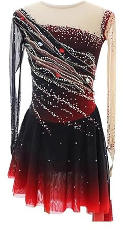 Nnnydjy Professional Figure Ice Skating Dress Women's Girls' Ballet Gymnastics Competition Wear Long Sleeve Skate Costume,Black,S