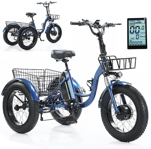 ZHZWwansuGE Adult Electric Tricycle, 20″ Fat Tire Snow Bike, 48V 13Ah Removable Battery (30-40km Range), Dual Disc Brakes, Led Display, 150kg Maximum Load Capacity, For Commuting, Travel Blue