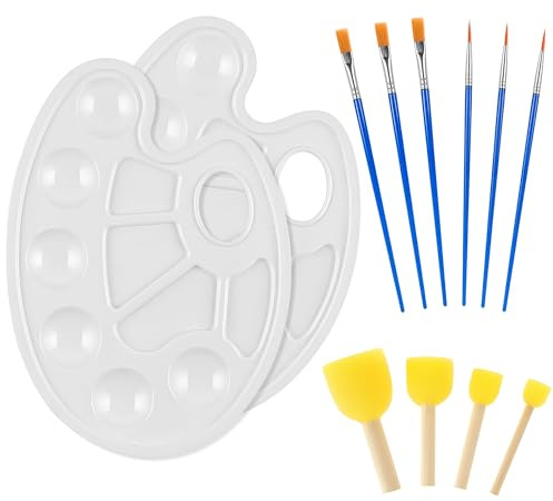 Rybtd 2 Pezzi Tavolozza per Dipingere con Pennelli per Dipingere e Pennelli Rotondi in Spugna,17 cm × 23 cm Tavolozza Pittura con 10 Regioni e Foro del Pollice,Perfetto per la Pittura a Olio