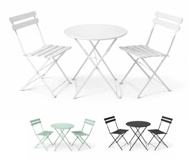 Jardin202 - Set Bistró Plegable Arles Metalico | Mesa y 2 Sillas de Exterior e Interior Resistente | Muebles de Jardin, Balcón y Terraza | (Blanco)
