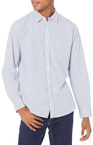 Amazon Essentials Chemise en Popeline à Manches Longues, Style Décontracté, Coupe Standard Homme, Bleu Blanc Rayures Verticales, L