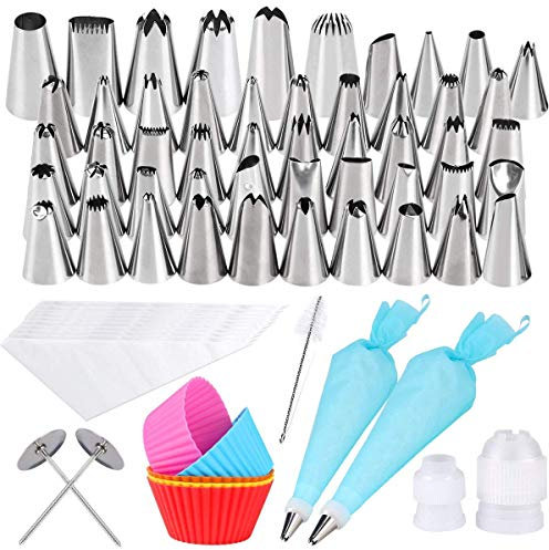 Gyvazla Douilles Poche, 72 Pièces en Acier Inoxydable DIY Kits (50 Douilles, 10 Poches à Douilles Jetables, 2 Poche Pâtisserie, 2 Fleurs Clous, 2 Coupleurs, Brosse, 5 Cupcakes Moule)