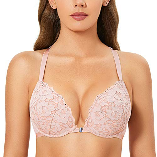 DOBREVA Damen Vorderverschluss BH mit Bügel Push Up Spitzen Neckholder BHS Racerback Tiefer Ausschnitt Gepolsterter Nacktes Rosa 80D
