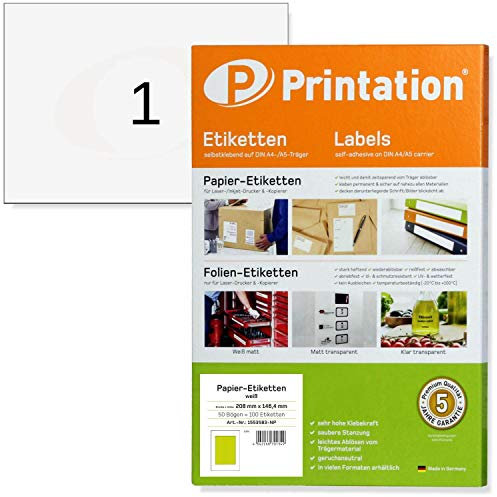 Printation Versandetiketten A5 210 x 148 mm weiß - 50 Adressetiketten selbstklebend 210x148 auf 50 DIN A5 Bogen - DHL Etiketten selbstklebend - Paketaufkleber Paketetiketten Sticker Labels - 6135 8690