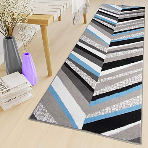 TAPISO Maya Teppich Läufer Meterware Kurzflor Flur Küche Brücke Wohnzimmer Modern Grau Blau Weiß Schwarz Streifen ÖKOTEX 70 x 100 cm